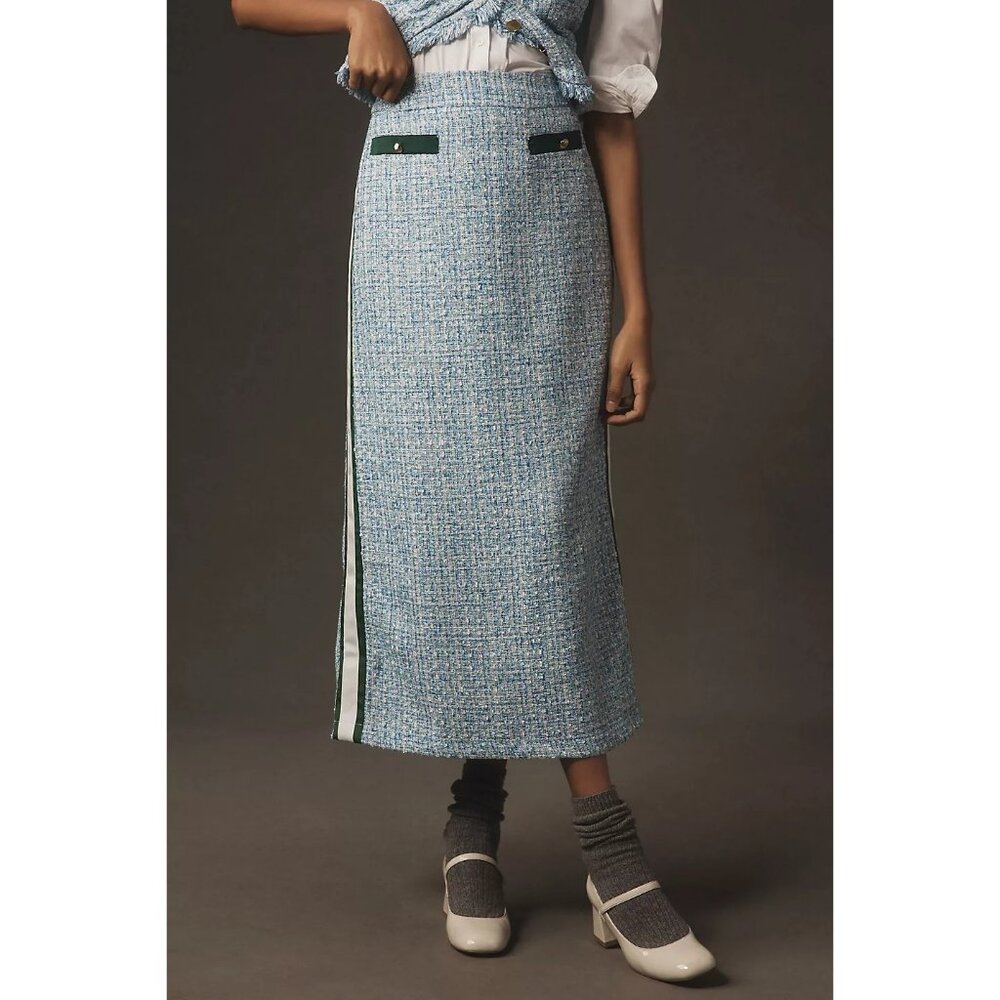 Anthropologie Blue & White Tweed Midi Skirt Side Stripe UK 14 / US 10 / EU 42